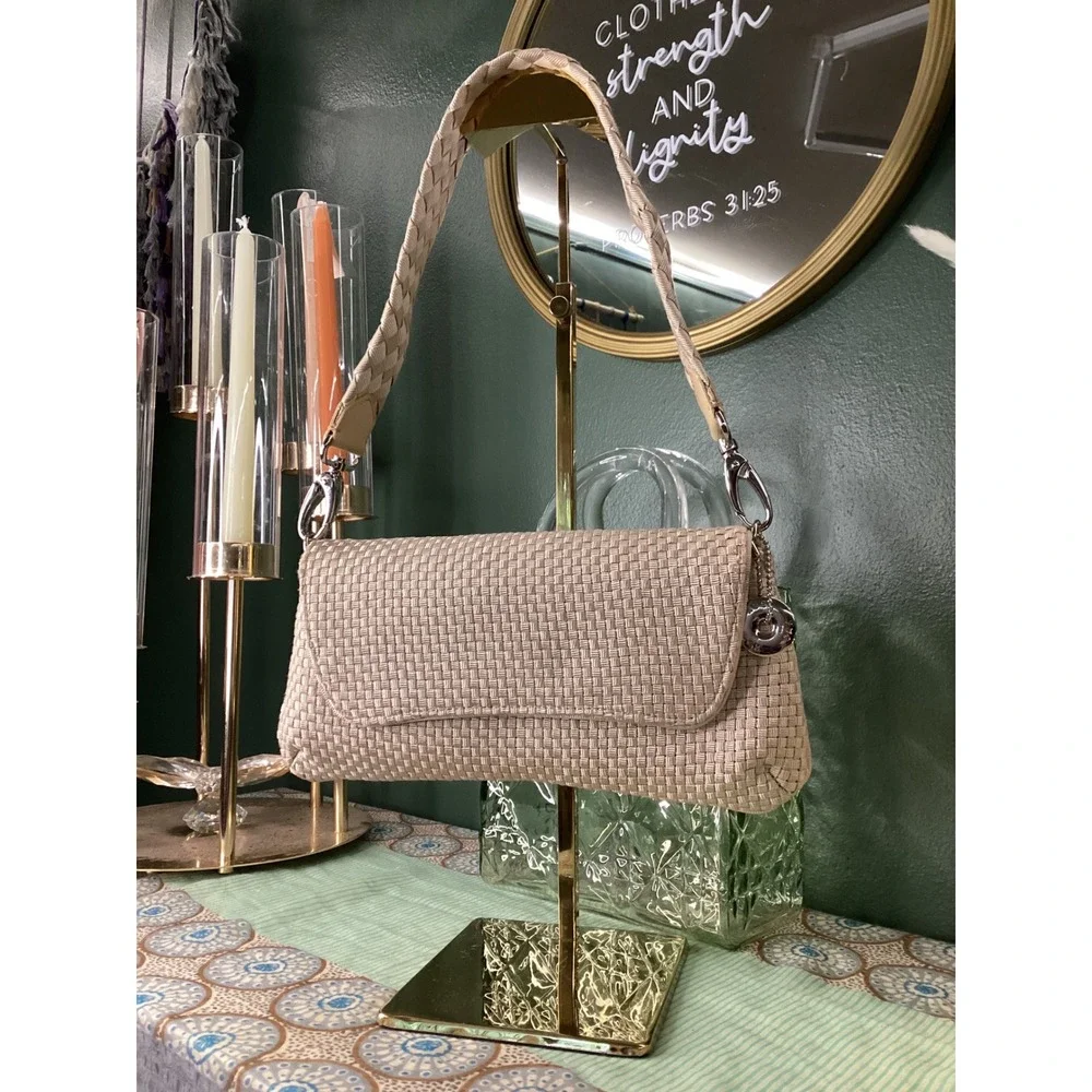 The Sak Woven Baguette Shoulder Bag Beige Champagne Braided Strap Y2K Style